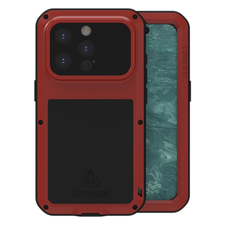 LOVE MEI Metal Shockproof case for iPhone 15 Pro, showcasing its rugged design and protective features.
