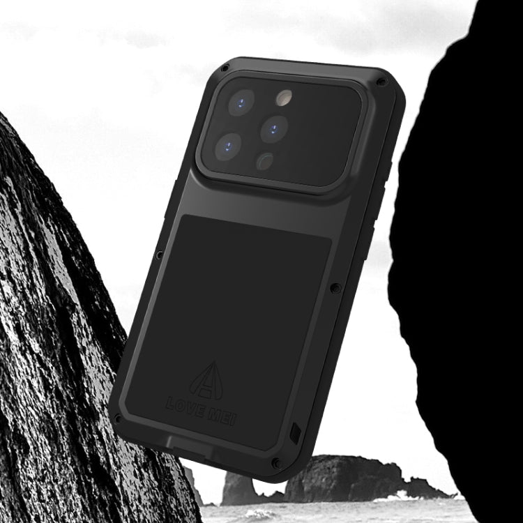 LOVE MEI Metal Shockproof case for iPhone 15 Pro, showcasing its rugged design and protective features.