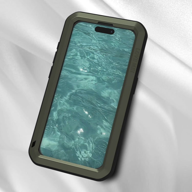 LOVE MEI Metal Shockproof case for iPhone 15 Pro, showcasing its rugged design and protective features.