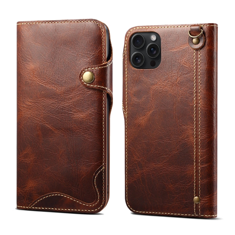 Denior Oil Wax Cowhide Magnetic Button Case for iPhone 15 Pro Max, showcasing its luxurious leather texture and card slots.
