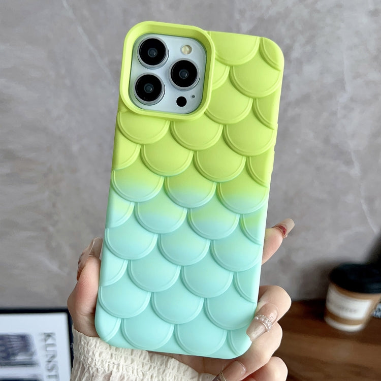 Blue Gradient Mermaid Scale Skin Feel Phone Case for iPhone 15 Pro Max, showcasing a stylish design and durable TPU material.