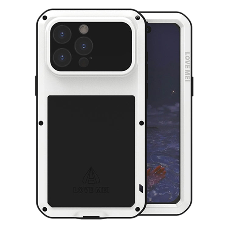 LOVE MEI Metal Shockproof case for iPhone 15 Pro Max, showcasing its rugged design and waterproof features.