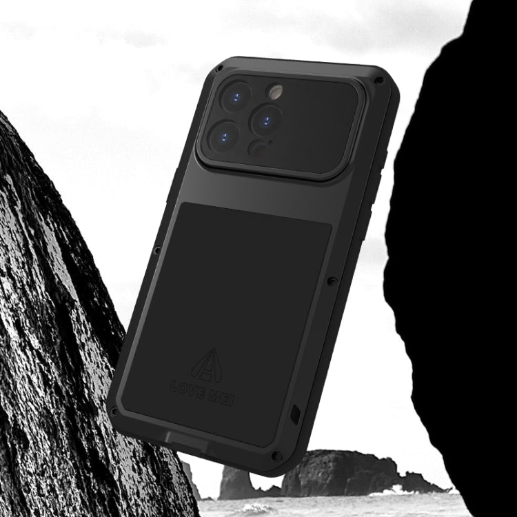 LOVE MEI Metal Shockproof case for iPhone 15 Pro Max, showcasing its rugged design and waterproof features.