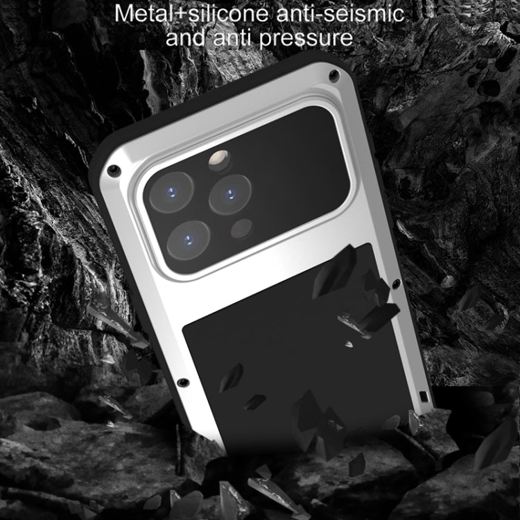 LOVE MEI Metal Shockproof case for iPhone 15 Pro Max, showcasing its rugged design and waterproof features.