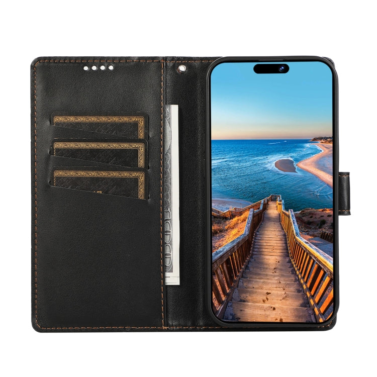For iPhone 15 Pro Max PU leather case with embossed texture, featuring card slots and a wrist strap.