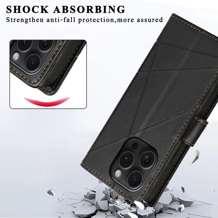 For iPhone 15 Pro Max PU leather case with embossed texture, featuring card slots and a wrist strap.