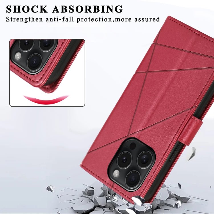 For iPhone 15 Pro Max PU leather case with embossed texture, featuring card slots and a wrist strap.