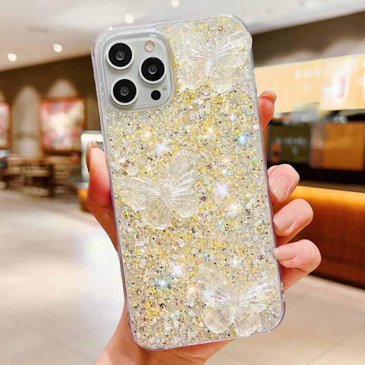 Stylish iPhone 15 Pro Max case featuring starry sequins and crystal butterflies, made from durable epoxy TPU material.