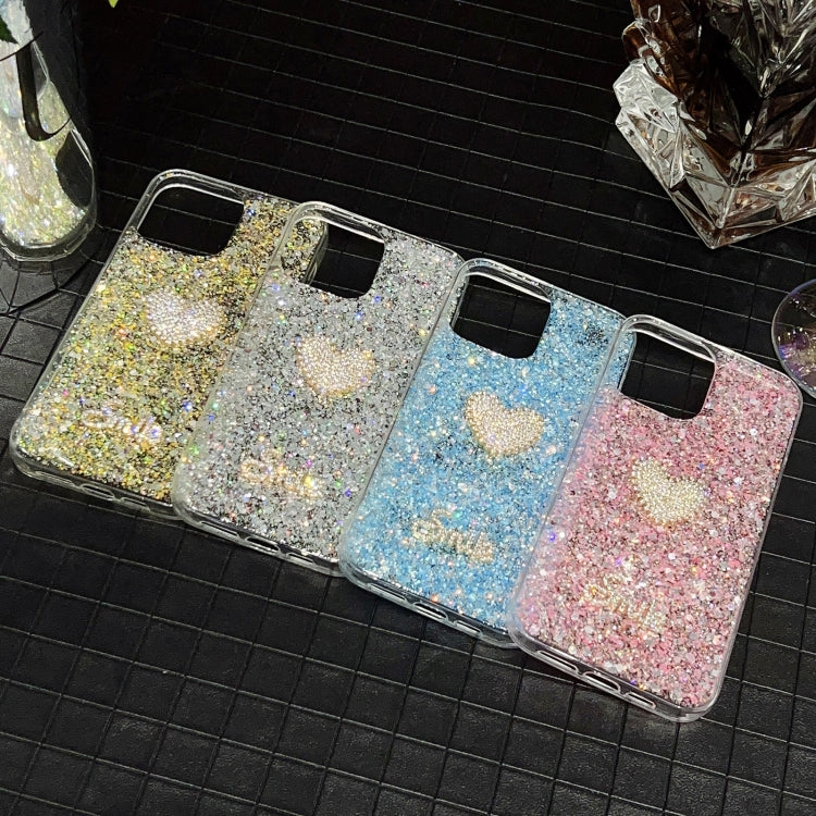 Stylish For iPhone 15 Pro Max Starry Sequin Diamond Heart Epoxy TPU Phone Case showcasing its diamond heart design and durable material.