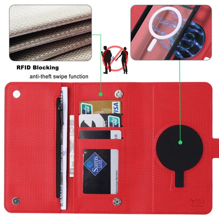 ViLi GHB Series MagSafe Magnetic Zipper Leather case for iPhone 15 Pro Max, showcasing its sleek design and wallet functionality.