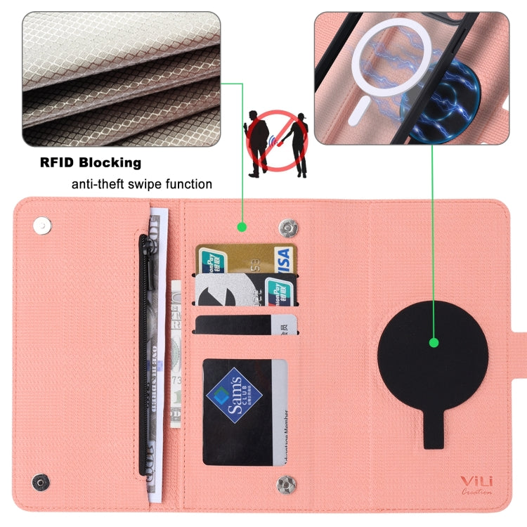 ViLi GHB Series MagSafe Magnetic Zipper Leather case for iPhone 15 Pro Max, showcasing its stylish design and wallet functionality.