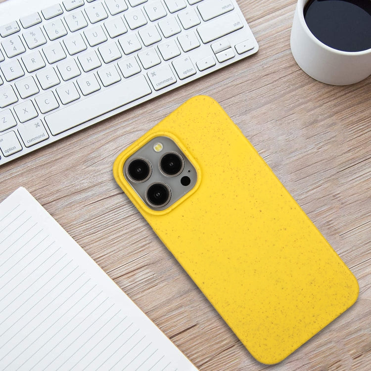 Yellow Wheat Straw Material + TPU Phone Case for iPhone 15 Pro Max, showcasing its eco-friendly design and lightweight structure.