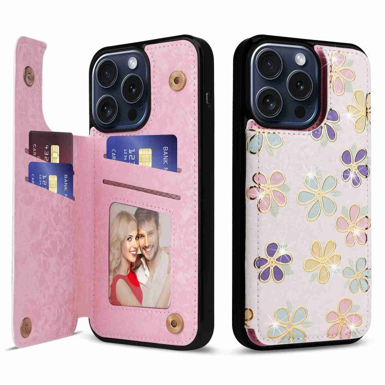 For iPhone 15 Pro Printed Double Buckle RFID Anti-theft Phone Case showcasing its stylish design and card storage features.