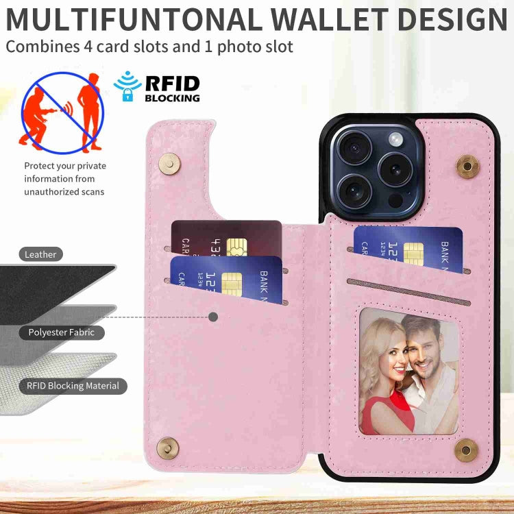 For iPhone 15 Pro Printed Double Buckle RFID Anti-theft Phone Case showcasing its stylish design and card storage features.