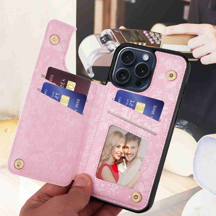 For iPhone 15 Pro Printed Double Buckle RFID Anti-theft Phone Case showcasing its stylish design and card storage features.