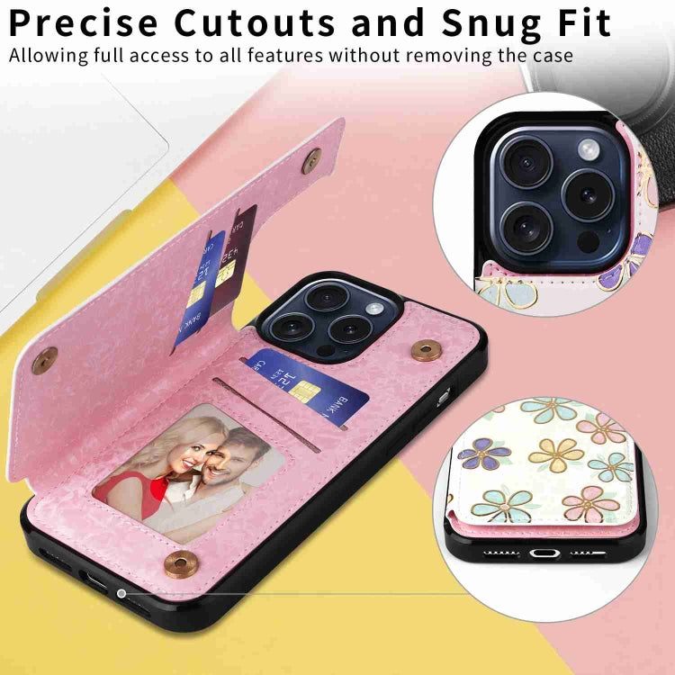 For iPhone 15 Pro Printed Double Buckle RFID Anti-theft Phone Case showcasing its stylish design and card storage features.