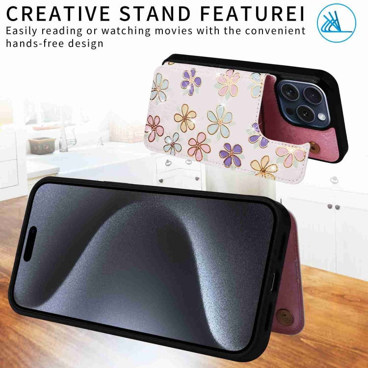 For iPhone 15 Pro Printed Double Buckle RFID Anti-theft Phone Case showcasing its stylish design and card storage features.