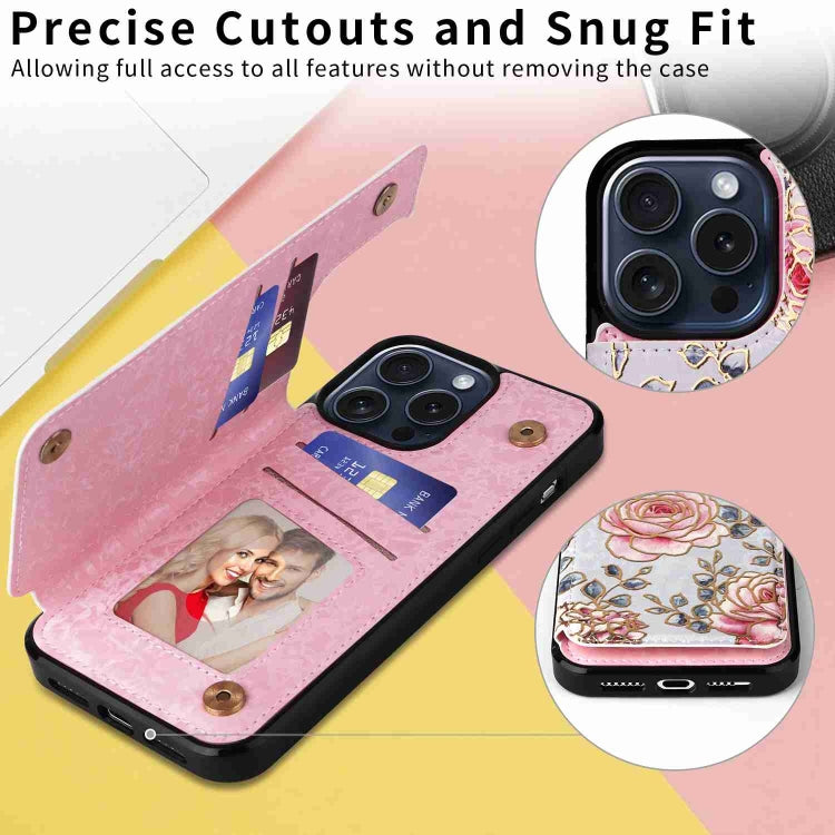For iPhone 15 Pro Printed Double Buckle RFID Anti-theft Phone Case showcasing its stylish design and card slots.