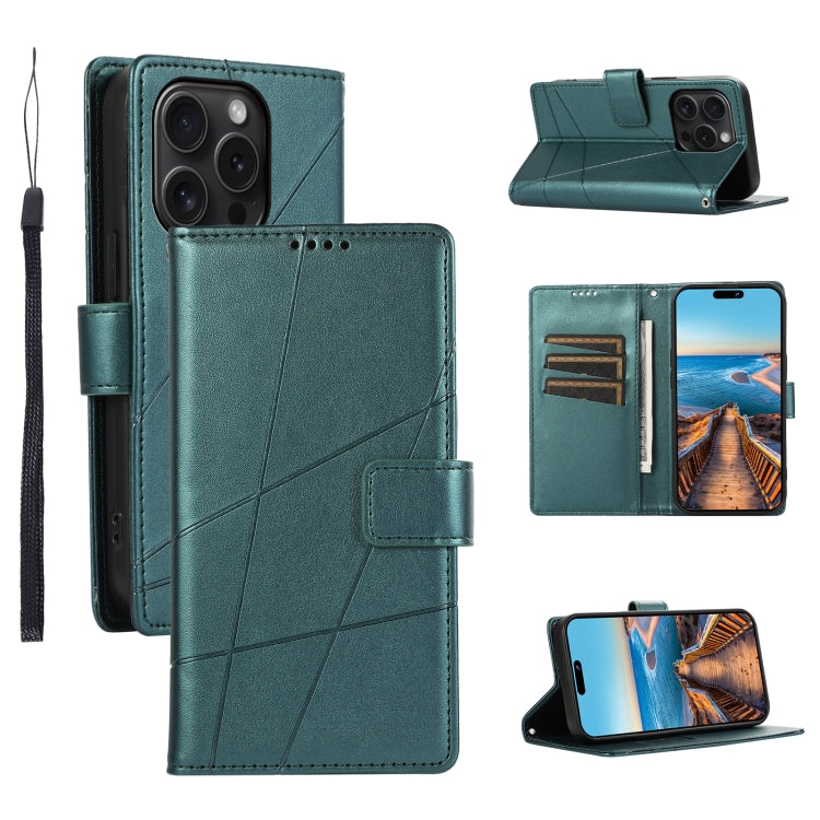 For iPhone 15 Pro PU leather case with embossed texture, featuring card slots and a wrist strap.