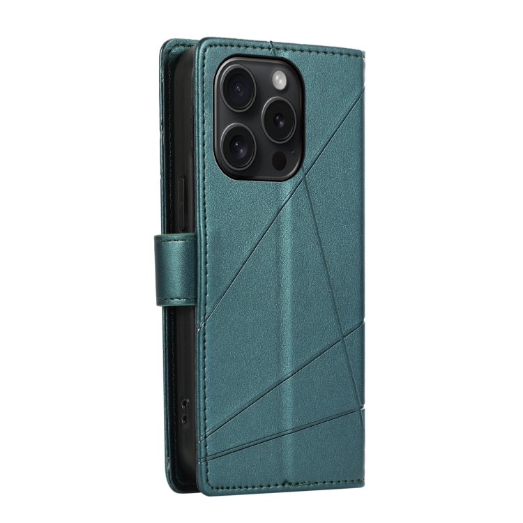 For iPhone 15 Pro PU leather case with embossed texture, featuring card slots and a wrist strap.