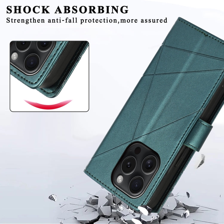 For iPhone 15 Pro PU leather case with embossed texture, featuring card slots and a wrist strap.