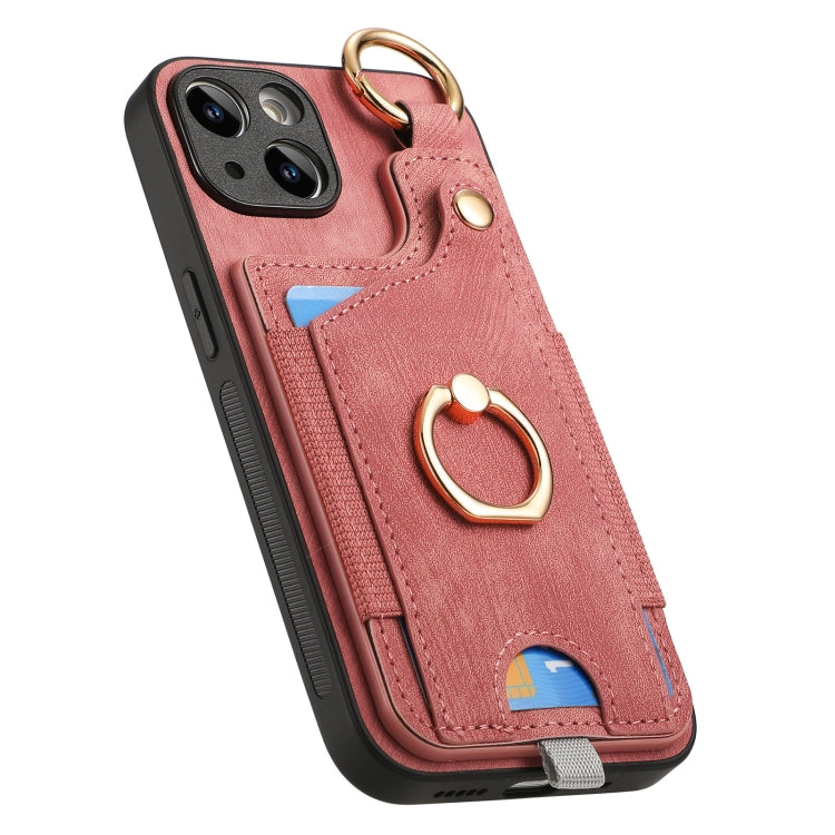 For iPhone 15 Pro Retro Skin-feel Ring Card Bag Phone Case showcasing its durable TPU+PU material, 360-degree rotating ring stand, and card holder compartment.