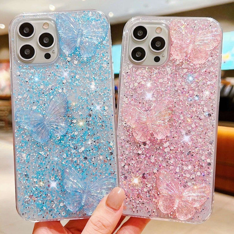 Stylish iPhone 15 Pro case featuring starry sequin butterflies design, made from durable epoxy TPU material.