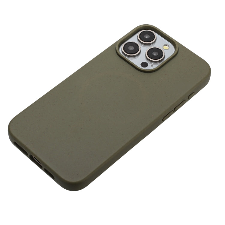 Army Green Wheat Straw and TPU phone case for iPhone 15 Pro, showcasing its slim design and eco-friendly materials.