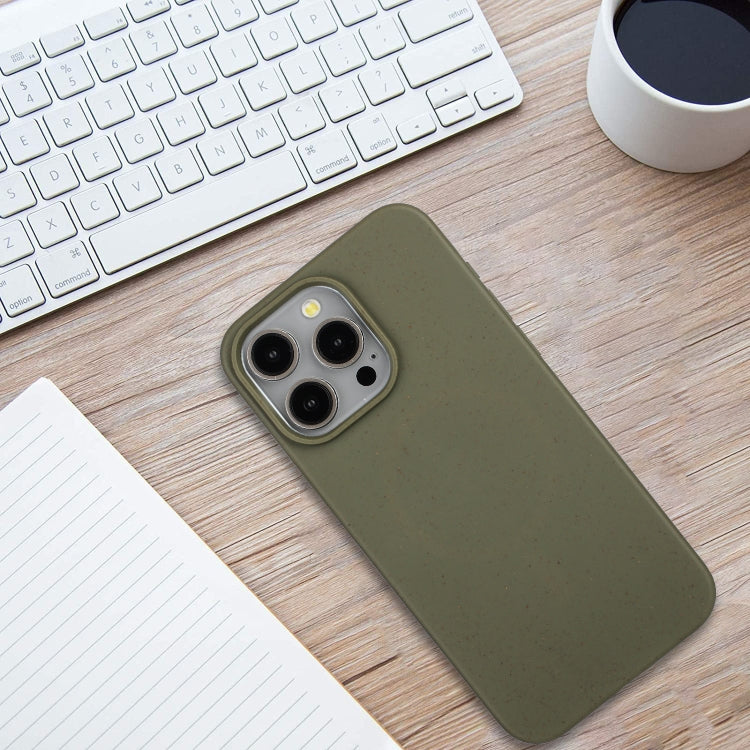 Army Green Wheat Straw and TPU phone case for iPhone 15 Pro, showcasing its slim design and eco-friendly materials.