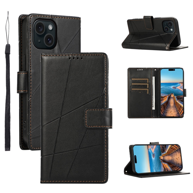 For iPhone 15 PU Genuine Leather Texture Embossed Line Phone Case with card slots and wrist strap, showcasing its elegant design and functionality.