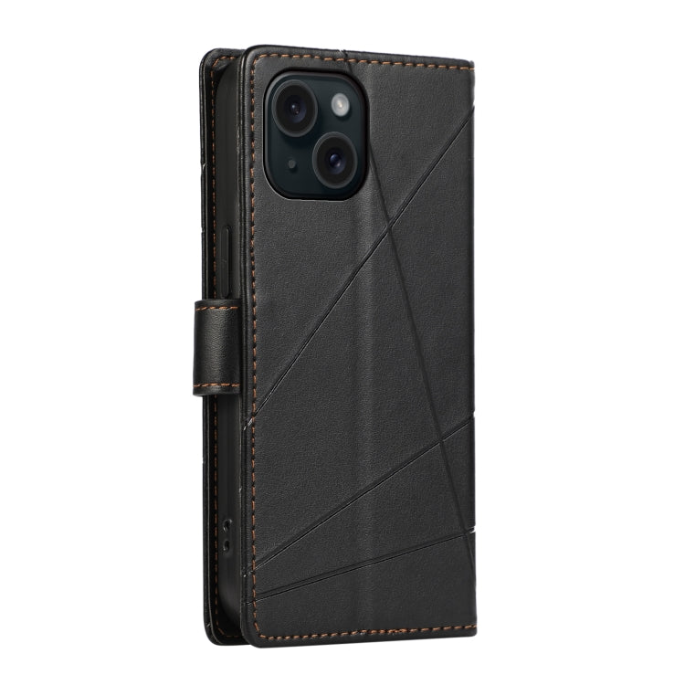 For iPhone 15 PU Genuine Leather Texture Embossed Line Phone Case with card slots and wrist strap, showcasing its elegant design and functionality.