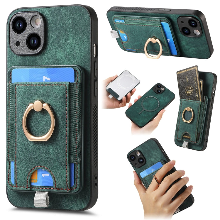 For iPhone 15 Retro Splitable Magnetic Card Bag Leather Phone case showcasing its sleek design and magnetic card wallet feature.