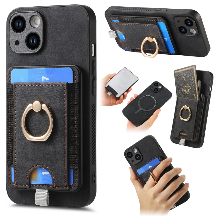 Retro Splitable Magnetic Card Bag Leather Phone case for iPhone 15, showcasing its sleek design and magnetic card wallet feature.