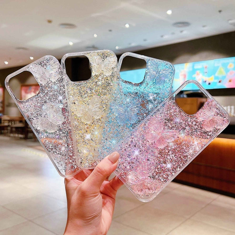 Stylish iPhone 15 case featuring starry sequin butterflies design made from durable epoxy TPU material.