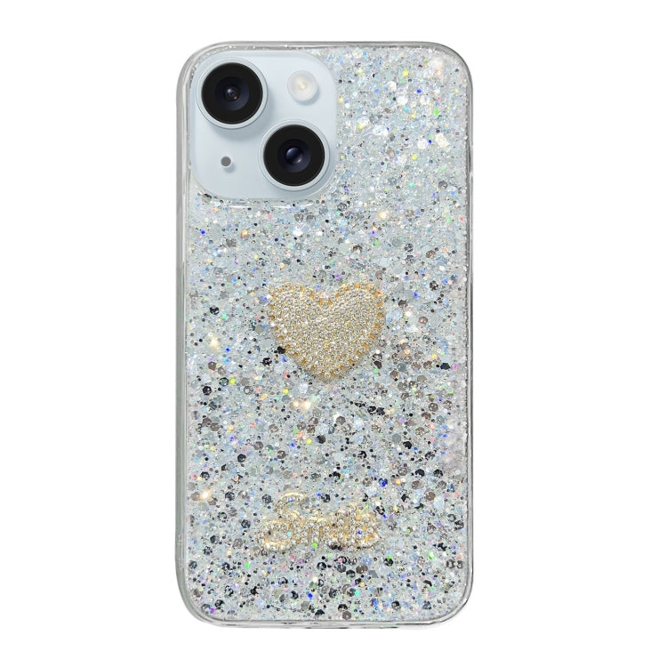 Silver iPhone 15 case featuring a diamond heart design made from durable epoxy TPU material.
