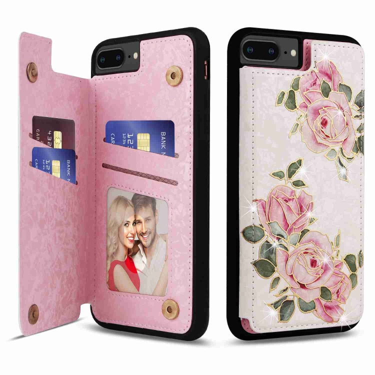 Stylish printed double buckle RFID anti-theft phone case for iPhone 8 Plus and 7 Plus, showcasing card slots and durable material.