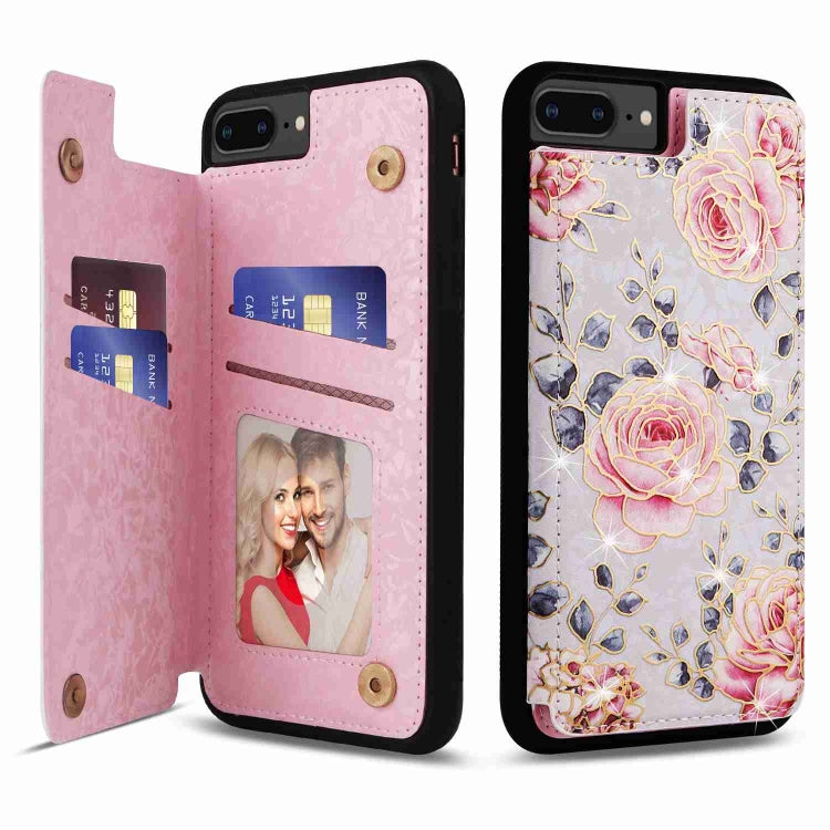 Printed Double Buckle RFID Anti-theft Phone Case for iPhone 8 Plus and 7 Plus, showcasing card slots and stylish design.