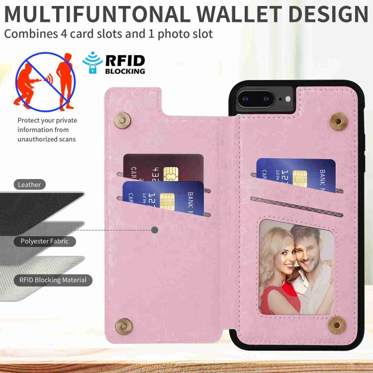 Printed Double Buckle RFID Anti-theft Phone Case for iPhone 8 Plus and 7 Plus, showcasing card slots and stylish design.