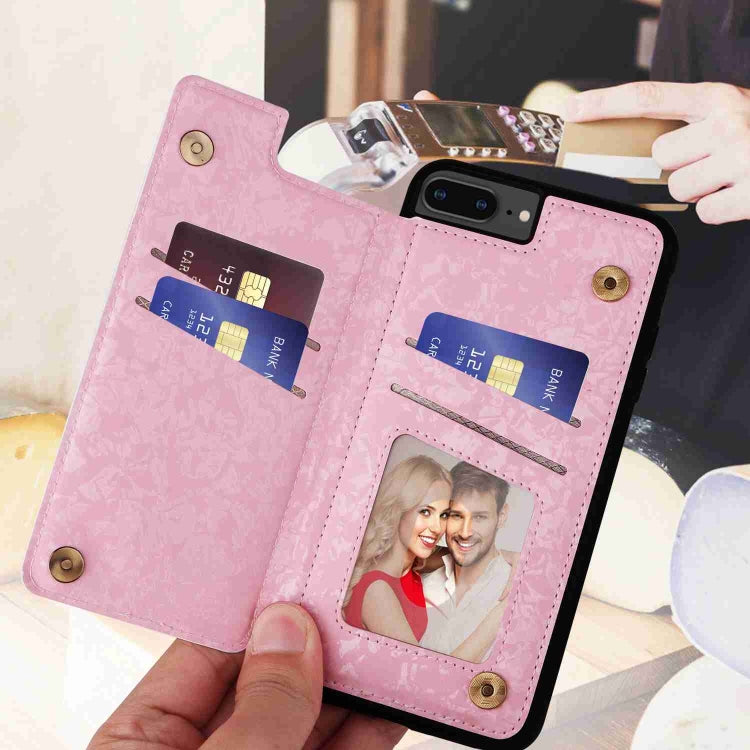 Printed Double Buckle RFID Anti-theft Phone Case for iPhone 8 Plus and 7 Plus, showcasing card slots and stylish design.