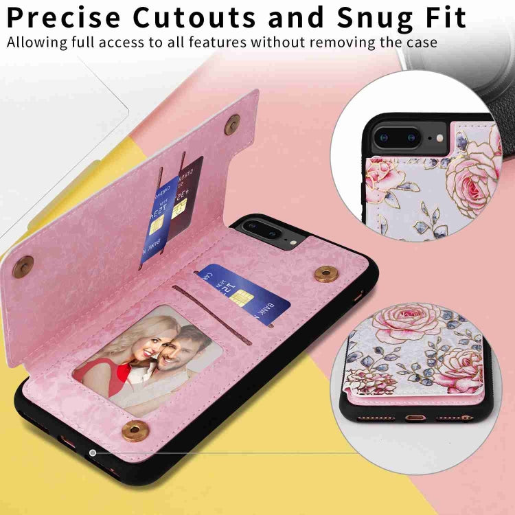 Printed Double Buckle RFID Anti-theft Phone Case for iPhone 8 Plus and 7 Plus, showcasing card slots and stylish design.