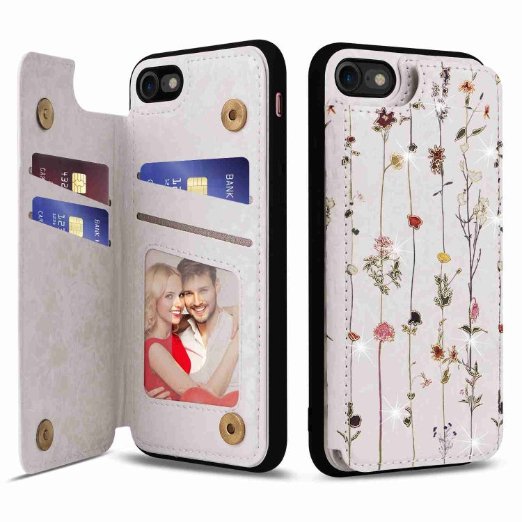 For iPhone SE 2022/2020 Printed Double Buckle RFID Anti-theft case in stylish design, showcasing card holder and protective features.