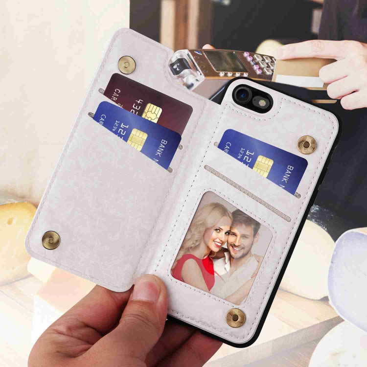 For iPhone SE 2022/2020 Printed Double Buckle RFID Anti-theft case in stylish design, showcasing card holder and protective features.