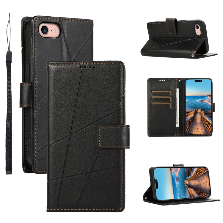 For iPhone SE 2022/2020 PU leather case with embossed texture, featuring card slots and a wrist strap.