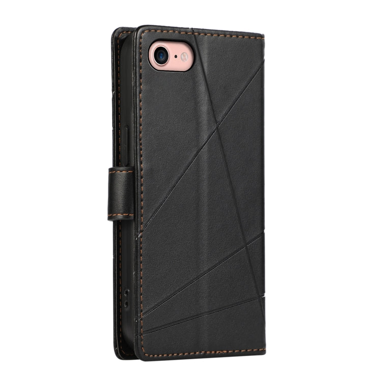 For iPhone SE 2022/2020 PU leather case with embossed texture, featuring card slots and a wrist strap.