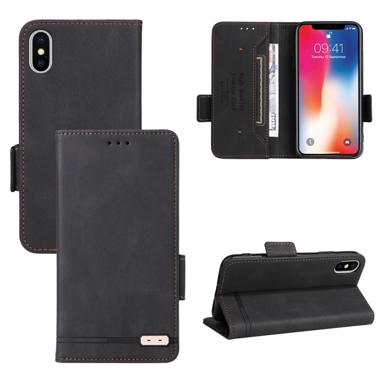 Black magnetic clasp leather phone case for iPhone X and XS, showcasing its sleek design and functional features.