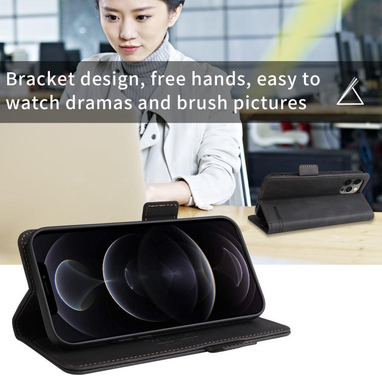 Black magnetic clasp leather phone case for iPhone X and XS, showcasing its sleek design and functional features.