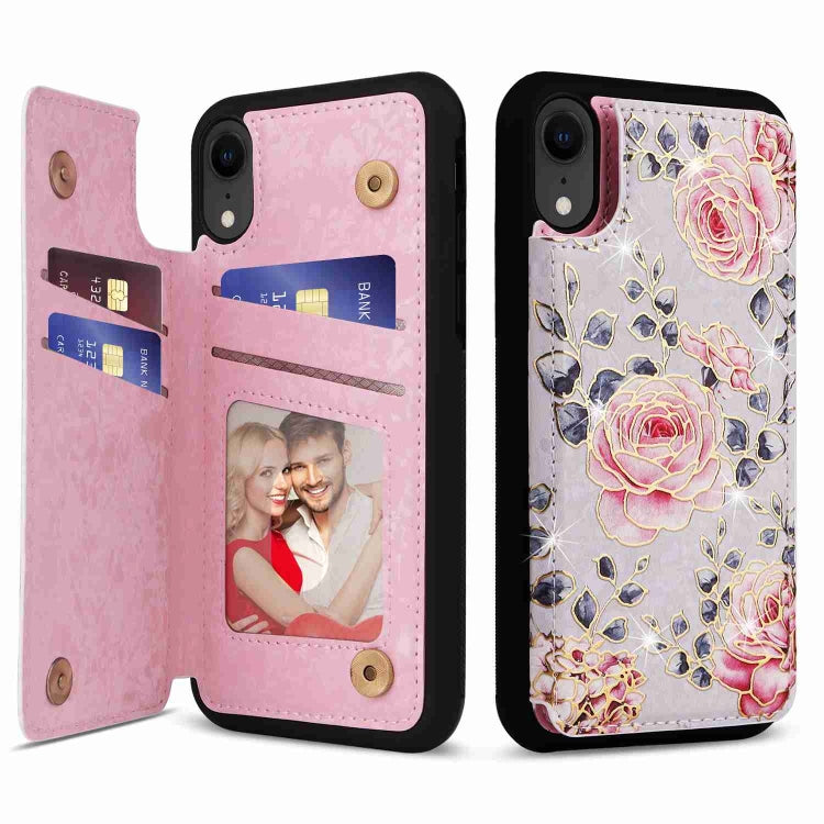 For iPhone XR Printed Double Buckle RFID Anti-theft Phone Case showcasing its stylish design and card storage capabilities.