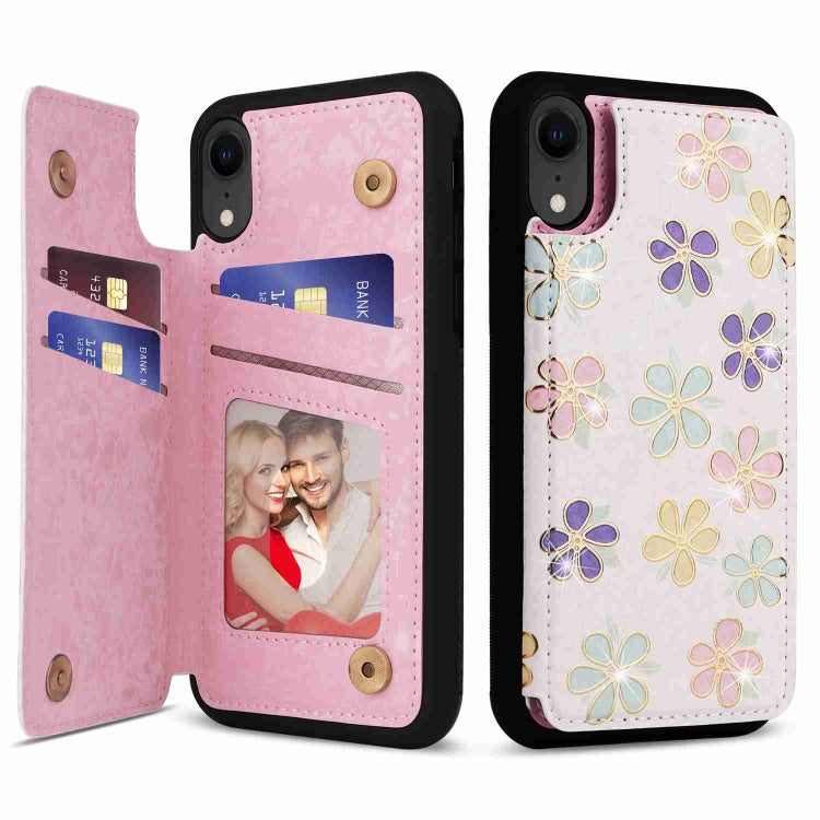 For iPhone XR Printed Double Buckle RFID Anti-theft Phone Case showcasing its stylish design and card storage features.