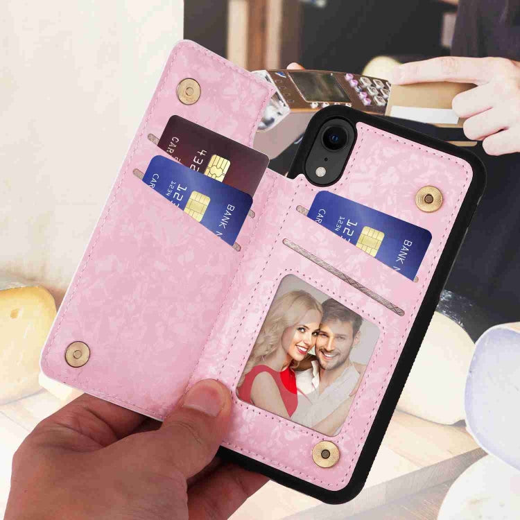 For iPhone XR Printed Double Buckle RFID Anti-theft Phone Case showcasing its stylish design and card storage features.