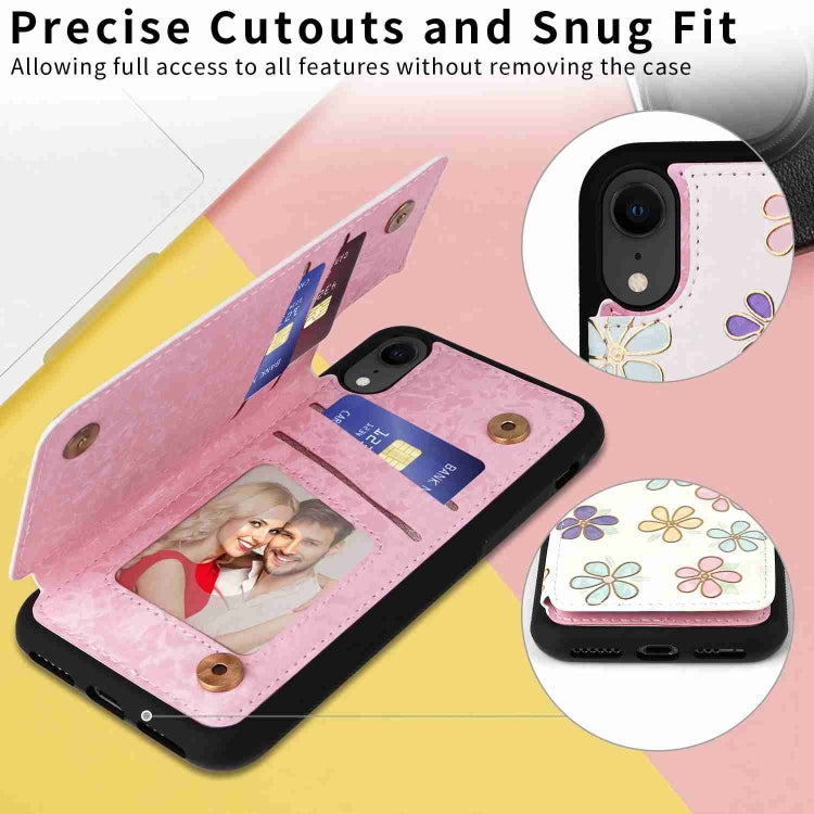 For iPhone XR Printed Double Buckle RFID Anti-theft Phone Case showcasing its stylish design and card storage features.